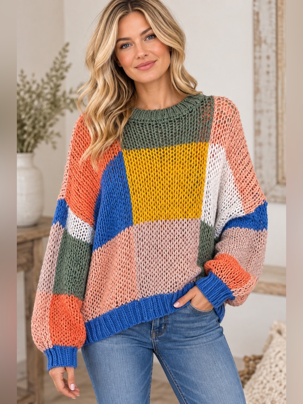 Polagram Multicolor Colorblock Open Knit Oversized Sweater NWOT